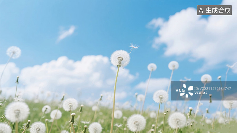 【AI数字艺术】蓝天白云下的蒲公英花海图片素材