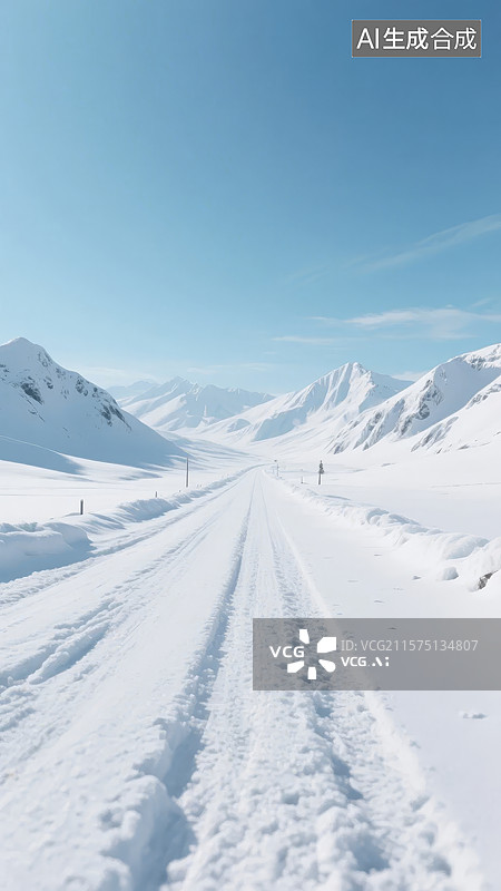 【AI数字艺术】雪地上的车辙延伸至远方图片素材