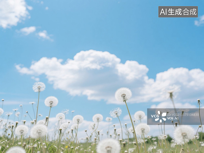 【AI数字艺术】蓝天白云下的蒲公英花海图片素材