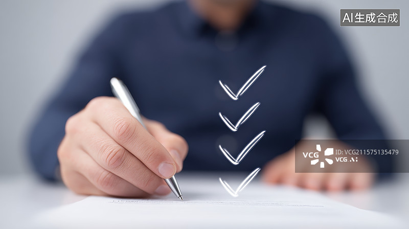 【AI数字艺术】手握钢笔绘制勾选标记图片素材