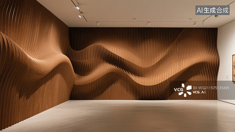 【AI数字艺术】波浪形木质墙面的艺术装置图片素材