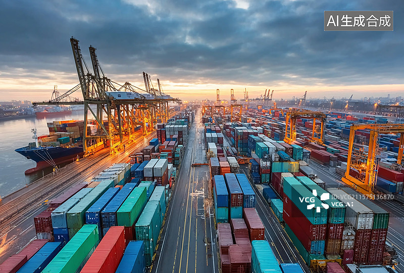 【AI数字艺术】黄昏港口货运场景：集装箱与起重机交织的国际贸易航运物流工业景观图图片素材