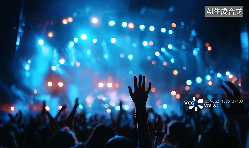 【AI数字艺术】音乐现场狂欢：舞台灯光与热情观众互动交织的演唱会娱乐演出场景图图片素材