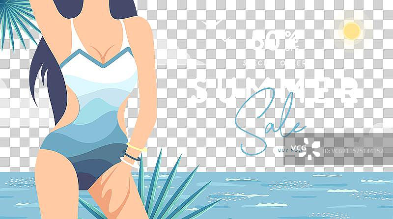 夏季大促销海报，穿泳衣的女孩图片素材