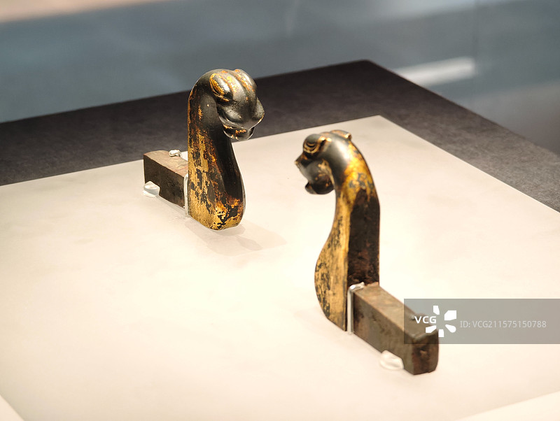 淮南市博物馆藏鎏金虎首铜构件，上海闵行博物馆·“楚风烈——安徽楚文化文物精品展”图片素材