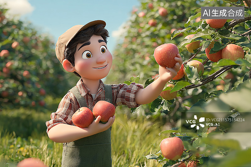 【AI数字艺术】果农在苹果园中采摘成熟的苹果图片素材