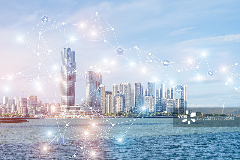 深圳南山区蛇口太子湾海岸线风光和智慧城市概念图片素材