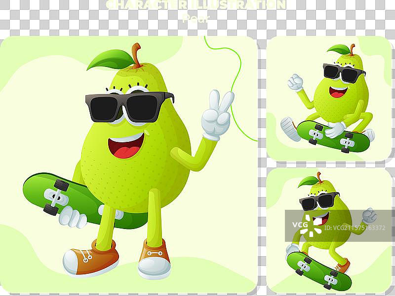 可爱的梨子角色滑板玩耍图片素材
