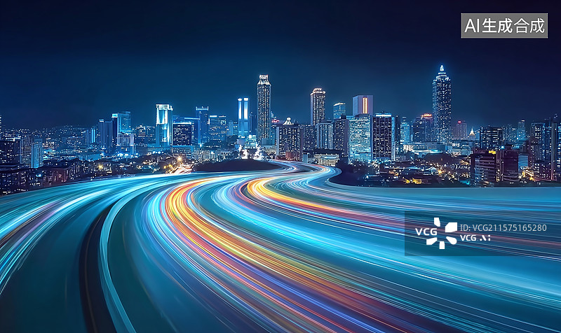 【AI数字艺术】城市夜景高架车流光轨，都市夜景绘速度，呈现公路车流拖曳光带，衬璀璨天际线的繁华活力图片素材