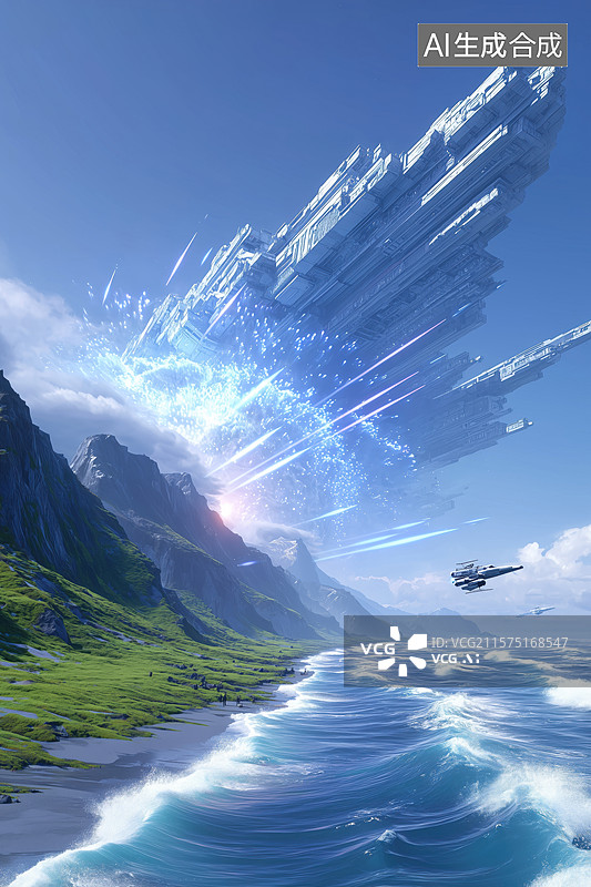 【AI数字艺术】科技科幻宇宙蓝色外星球海边的飞船空战3D立体插画图片素材