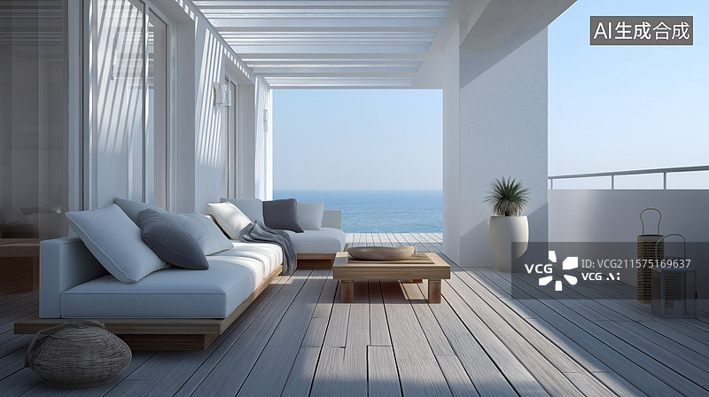 【AI数字艺术】海景阳台休闲区图片素材