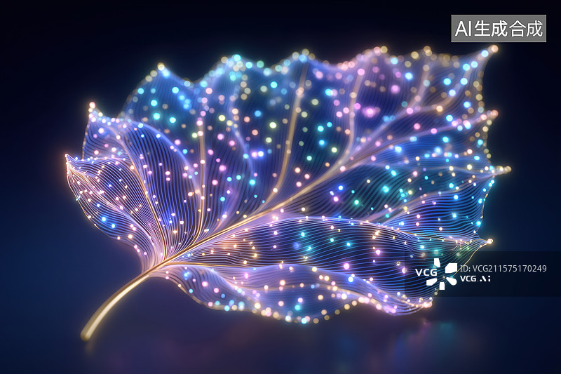 【AI数字艺术】科技未来一片彩色荧光透视全息树叶立体特效插画图片素材