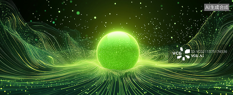 【AI数字艺术】绿色光球与流动线条的奇幻场景图片素材