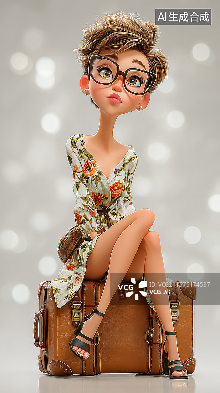 【AI数字艺术】穿着时尚的美女穿着高跟鞋坐在行李箱上图片素材