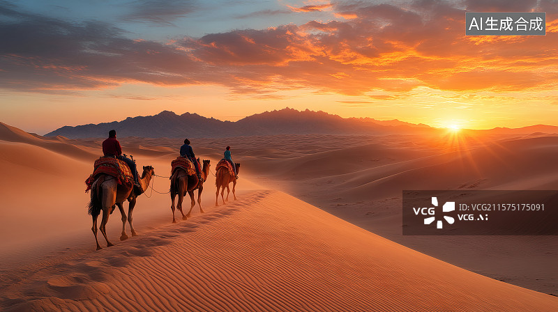 【AI数字艺术】夕阳下，沙漠中的驼队，中西文化交流图片素材