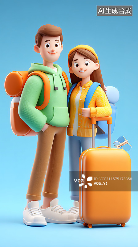 【AI数字艺术】卡通情侣旅行插画图片素材