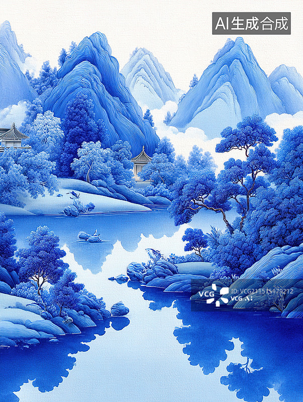 【AI数字艺术】青花山水画图片素材
