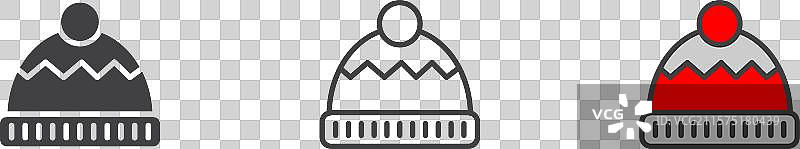 冬季帽子图标集，黑色填充和轮廓设计图片素材