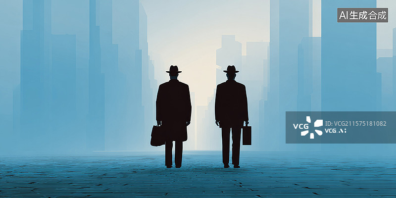 【AI数字艺术】都市成功2个商务人士剪影背影站立城市街道金融市场模糊天际线的扁平设计杂志封面海报图书商业背景图片素材