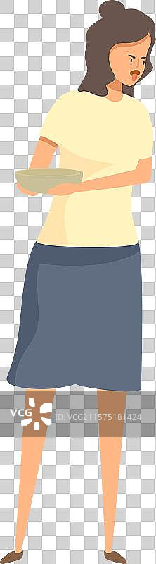 愤怒的女人手持空碗，象征贫困与饥饿图片素材