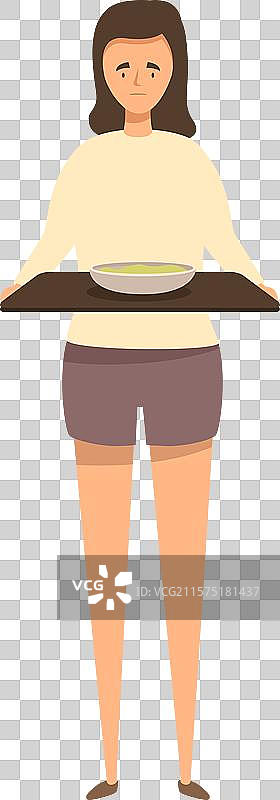 悲伤的年轻女性手里拿着一个空托盘，上面放着一个汤碗。图片素材