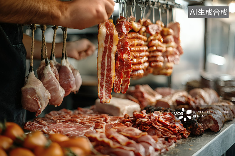 【AI数字艺术】摊贩上挂着的切片猪肉图片素材