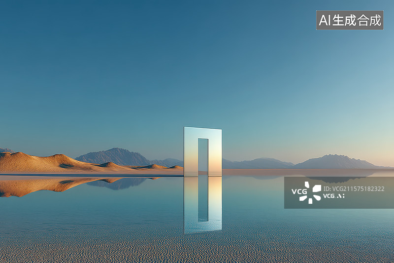 【AI数字艺术】​​沙漠镜面立方体现代艺术装置​​图片素材
