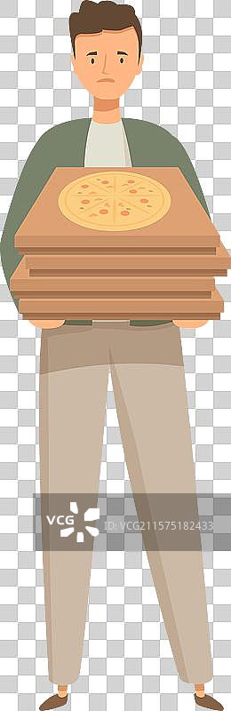 年轻的送货员手里拿着一堆比萨饼图片素材