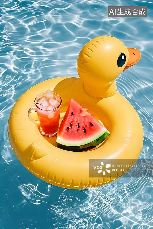 【AI数字艺术】夏季泳池中的小鸭子造型的游泳圈图片素材