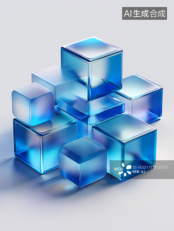 【AI数字艺术】蓝色透明立方体堆叠图片素材