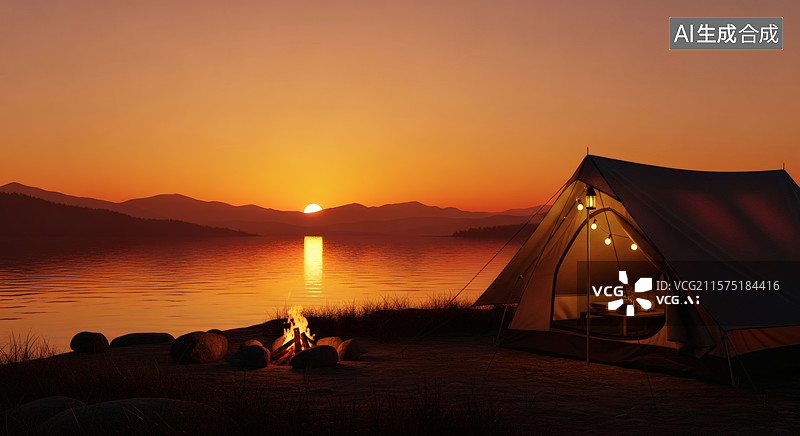 【AI数字艺术】湖边夕阳营地图片素材
