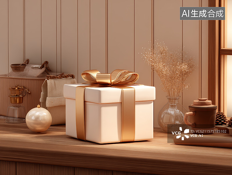【AI数字艺术】木质桌面上精美的圣诞礼盒图片素材