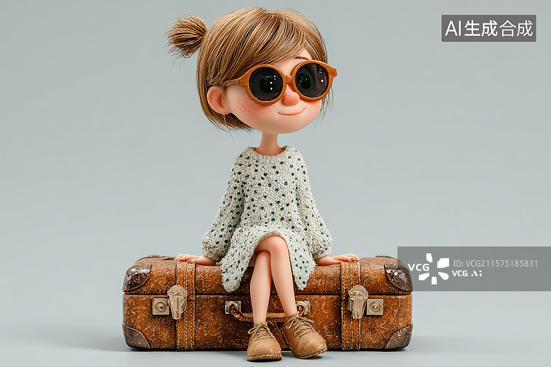 【AI数字艺术】戴着墨镜的时尚美女坐在行李箱上图片素材