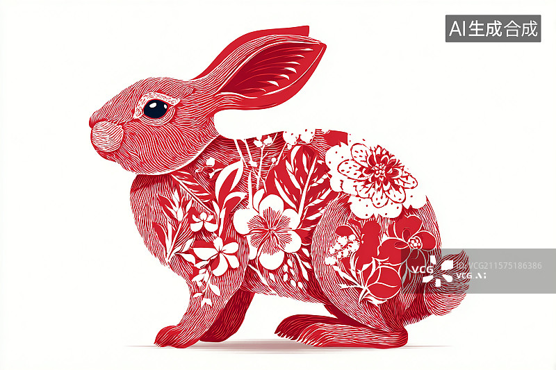 【AI数字艺术】传统剪纸风格，一只蹲着的可爱的兔子图片素材