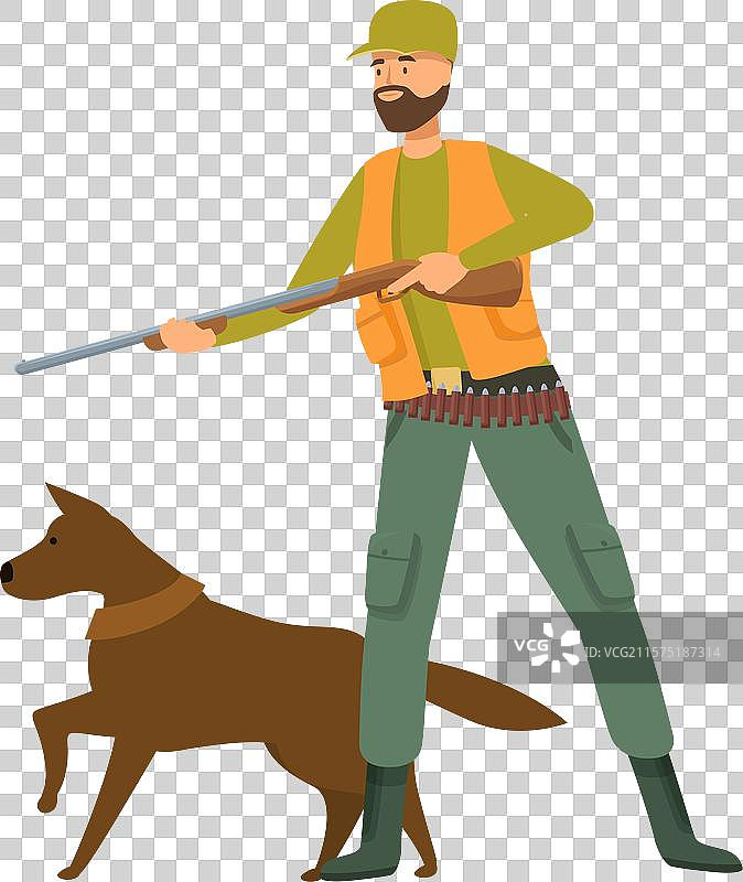 猎人在与他的猎犬一起狩猎时瞄准猎枪。图片素材