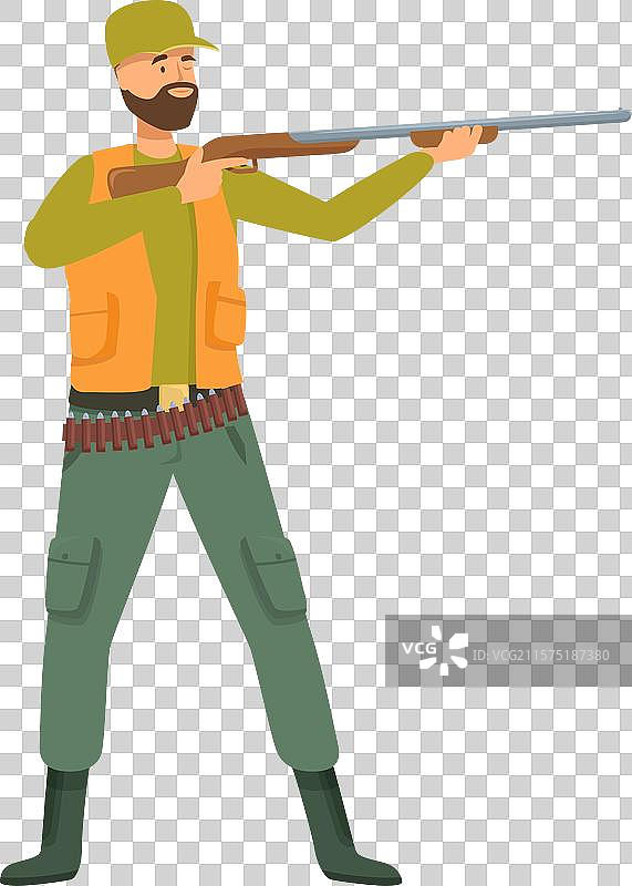 猎人穿着绿色和橙色，正用步枪瞄准。图片素材