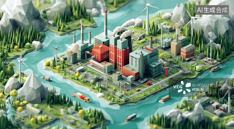 【AI数字艺术】节能环保工厂等距视图图片素材