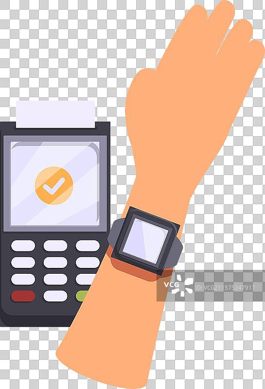 手握智能手表在POS终端上进行支付图片素材