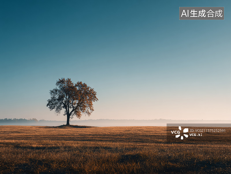 【AI数字艺术】旷野中孤立的大树与清晨天空图片素材