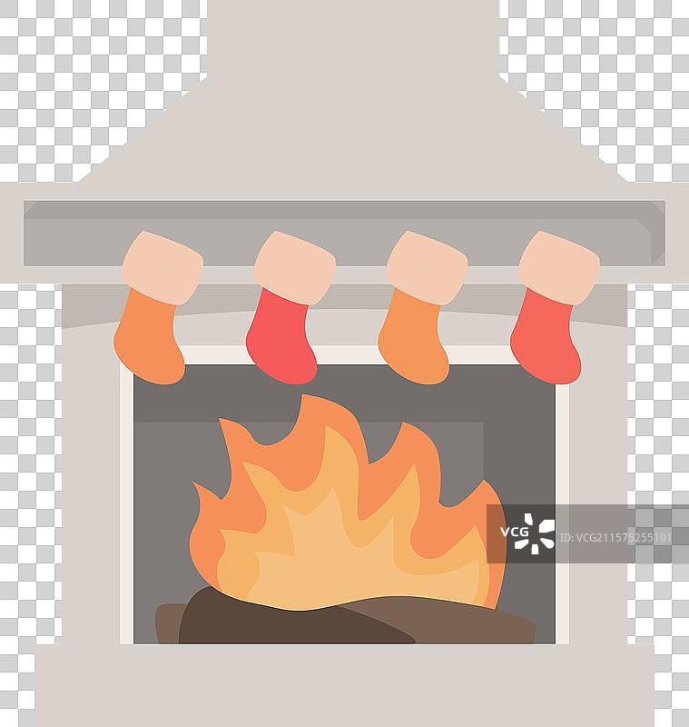 壁炉里燃烧着火焰，圣诞袜挂在旁边。图片素材