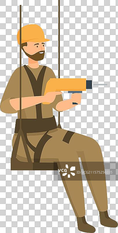 悬挂在绳索上的建筑工人正在使用电钻图片素材
