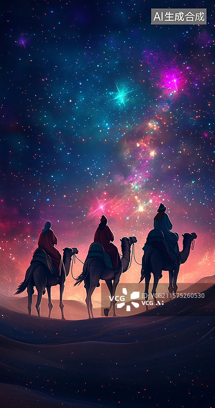 【AI数字艺术】星空下的骆驼商队图片素材