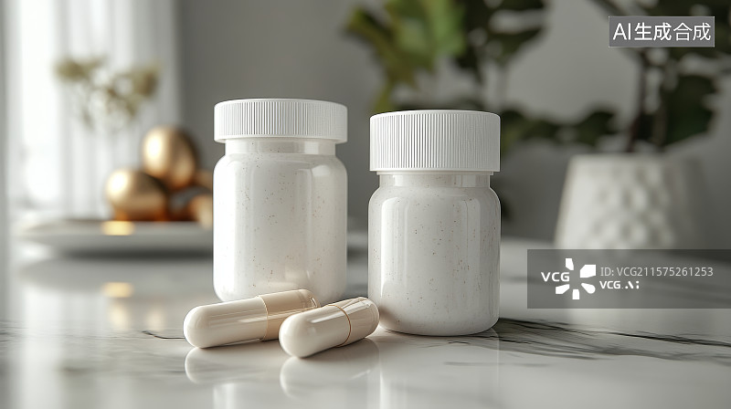 【AI数字艺术】白色药瓶与胶囊的静物展示图片素材