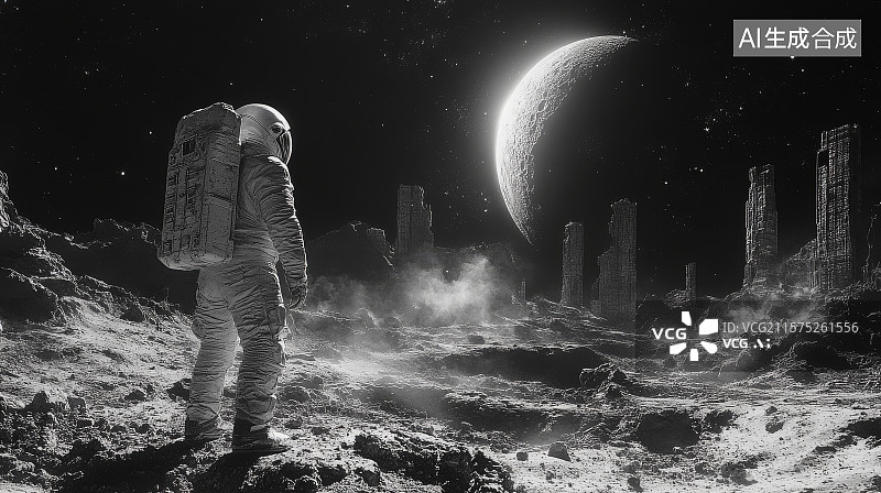 【AI数字艺术】宇航员在月球表面探索神秘星球图片素材