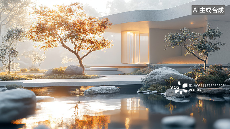 【AI数字艺术】现代建筑旁的宁静水景花园图片素材