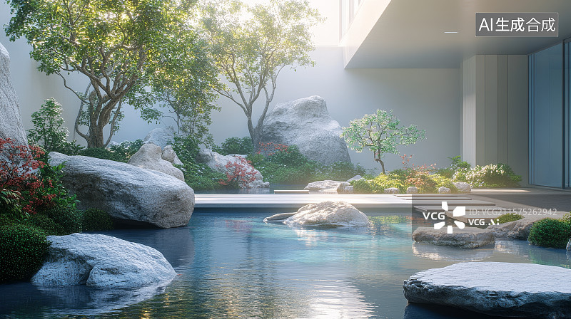 【AI数字艺术】现代庭院中的静谧水景花园图片素材