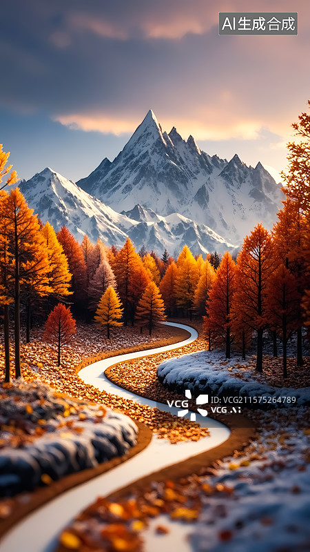 【AI数字艺术】秋天雪山森林风景插画图片素材