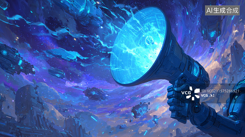 【AI数字艺术】机械臂举起巨型扩音器广播宇宙信息图片素材