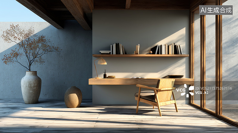 【AI数字艺术】室内的木质书桌木椅图片素材