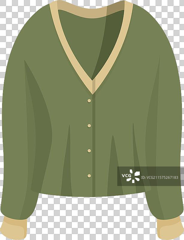 绿色开襟毛衣，带扣和V领，适合寒冷天气图片素材